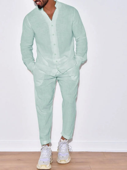 Men's Button Up Long Sleeve Top and Pants Set