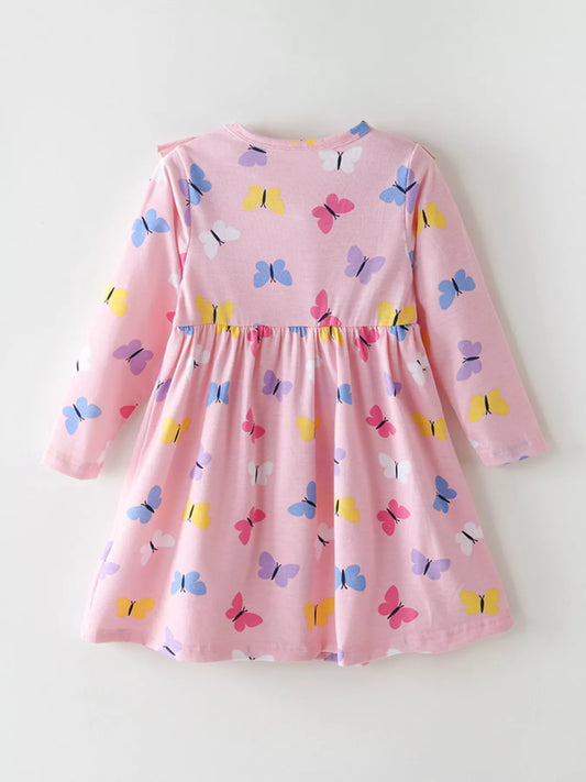 Children's Butterfly Print Ruffle Trim Long Sleeve Dress