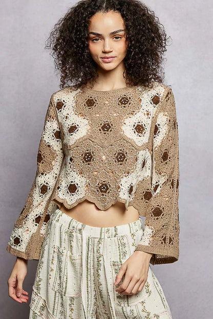 POL Floral Weave Pattern Crochet Cropped Top with Beads Detail