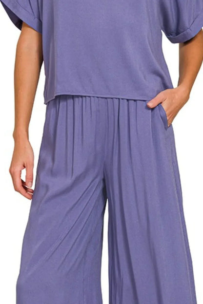 Zenana Round Neck T-Shirt and Wide Leg Pants Set