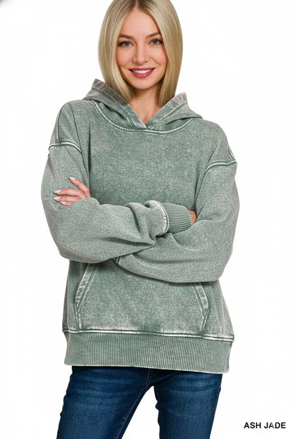 Zenana Fleece Acid Wash Kangaroo Pocket Hoodie