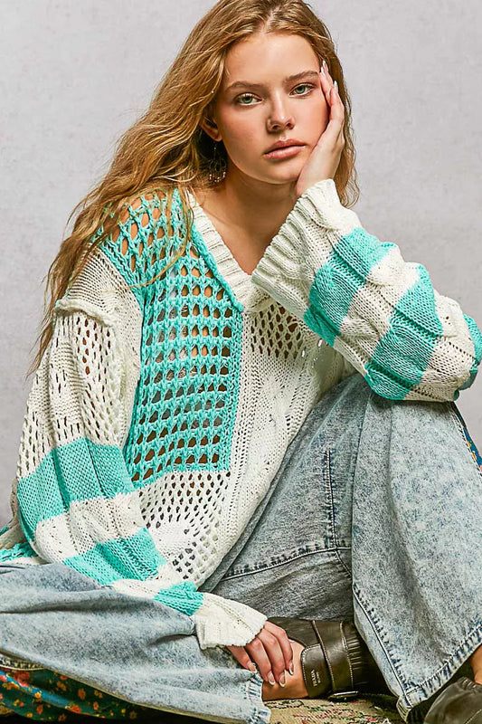 POL Color-Blocked Stripe Pattern Knit Top with Twisted Weave