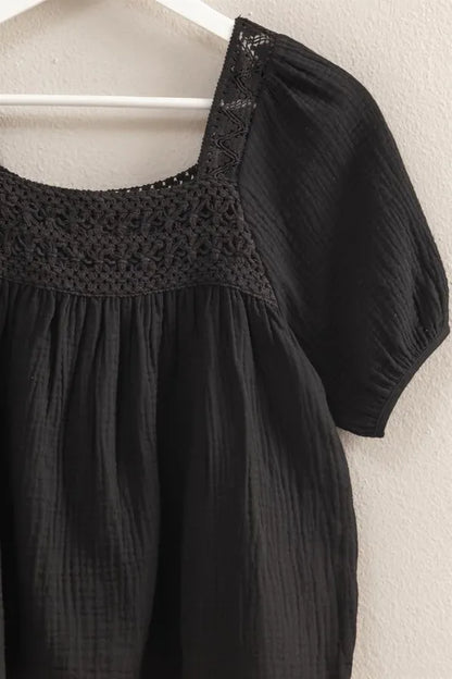 HYFVE Crochet Detail Puff Sleeve Peasant Top