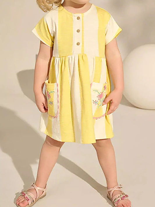 Children's Striped Summer Dress with Floral Pockets