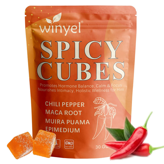 Spicy Intimacy Gummies with Chili Pepper Maca Root Muira Puama Epimedium Hormone Balance Calmness Wellness Peach Flavor 30 Gummies
