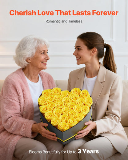 Forever Flowers, 27 Preserved Roses In A Heart Shape Box, Eternal Flowers Immortal Bouquet Birthday Present For Women Her Wife Mothers, Anniversary, Valentine's Day,Christmas, Yellow