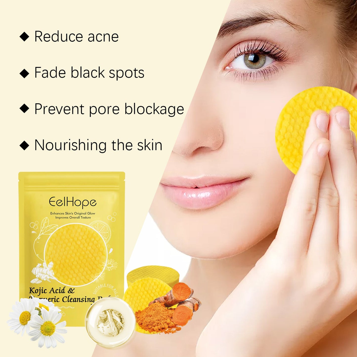 Eelhope Turmeric Acid Cleansing Pad Facial Gentle Cleansing Moisturizing Refreshing Skin Care Cleansing Pad