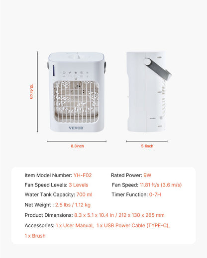Portable Air Conditioner 4-in-1 Evaporative Air Cooler 700ml Water Tank