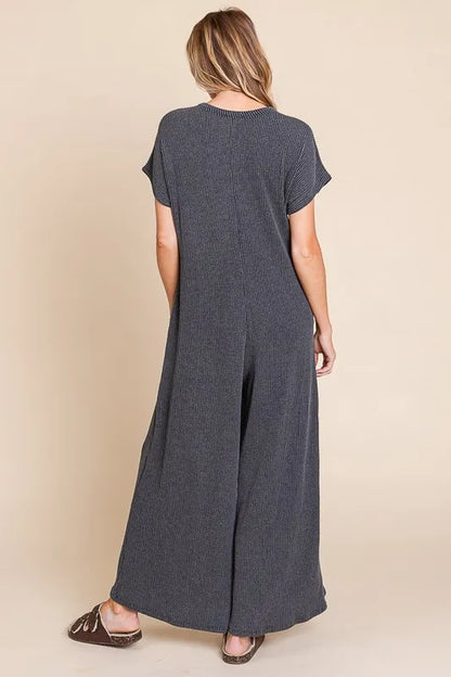 BOMBOM Rib Knit Jumpsuit with Button Detail