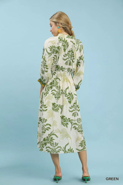 Umgee Tropical Print Button Detail Midi Dress