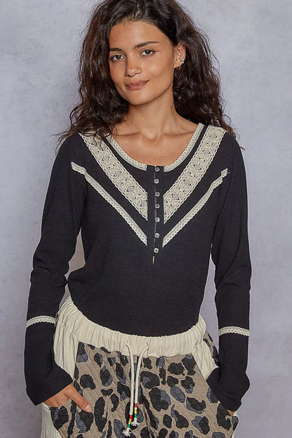 POL Ribbed Half Button Lace Detail Knit Top