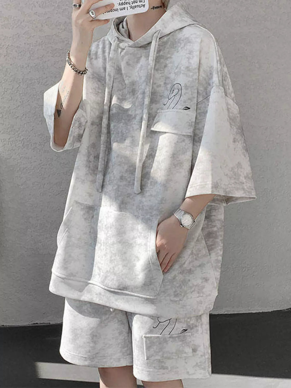 Men's Plus Size Casual Washed Hoodie & Shorts Set