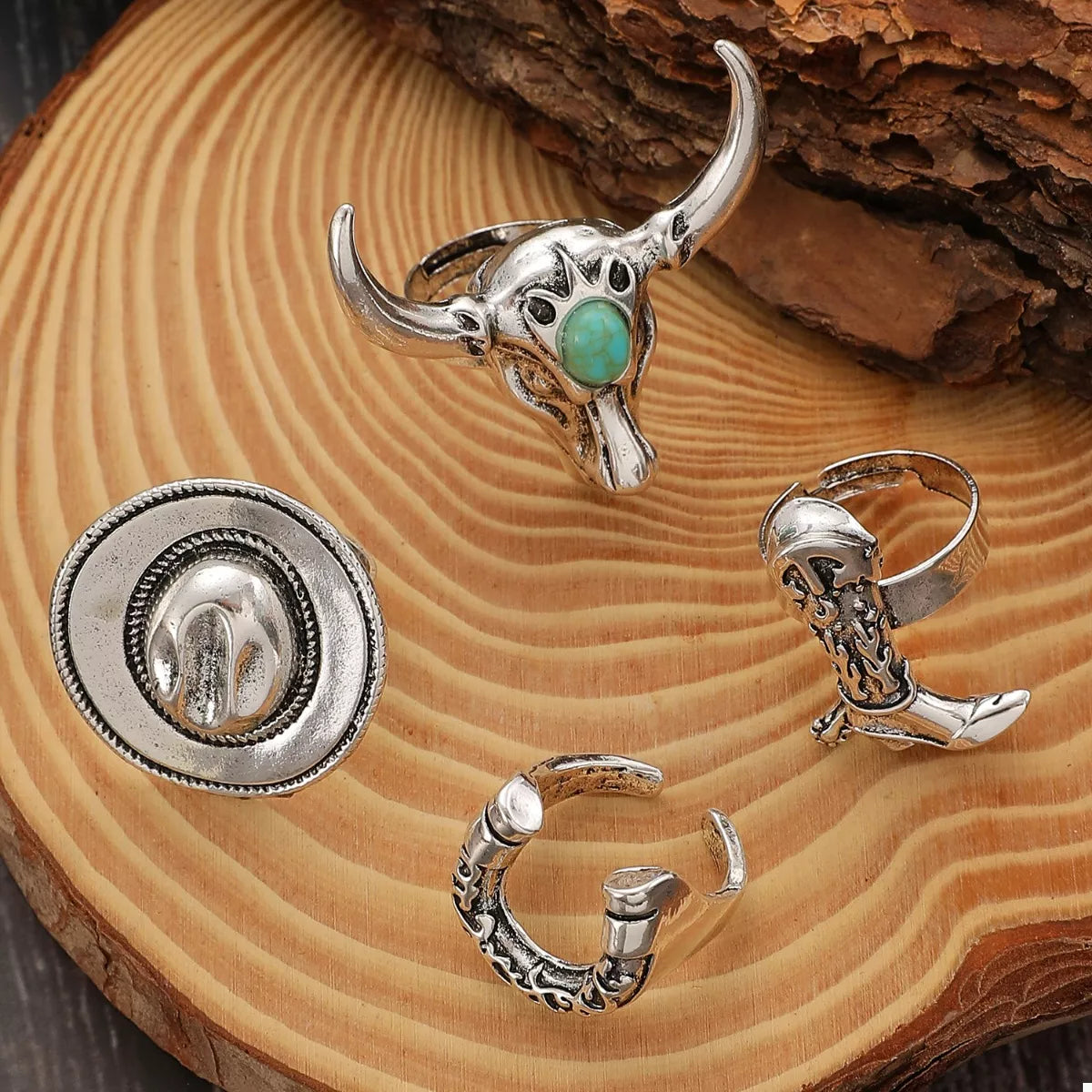 4 Piece Vintage Western Style Bull Head Rings