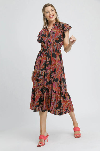 Umgee Mix Ruffle Sleeve Tropical Midi Dress