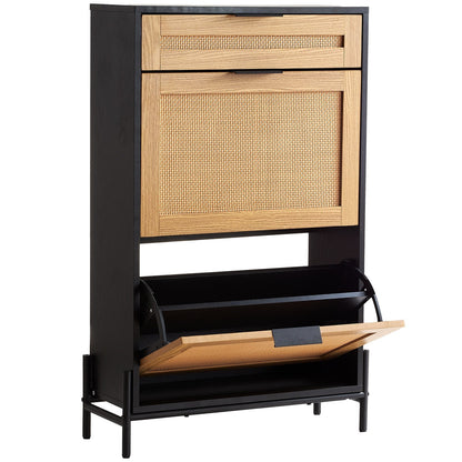 Rattan Shoe Cabinet, Narrow Shoe Storage Organizer With 2 Flip Rattan Drawers & 1 Slide Drawer, Metal Legs, Slim Shoe Entryway Cabinet Ideal For Entryway, Closet, Hallway, Black