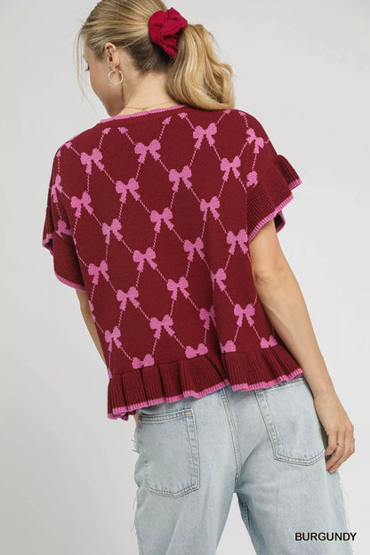 Umgee Bow Knit Ruffle Sleeve Sweater