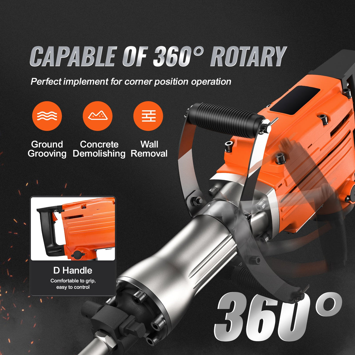 VEVOR Demolition Jack Hammer, 2200W 1400 BPM Jack Hammer Concrete Breaker, Heavy Duty Electric Jack Hammer 6pcs Chisels Bit With Gloves, Swiveling Front Handle For Trenching And Breaking Holes