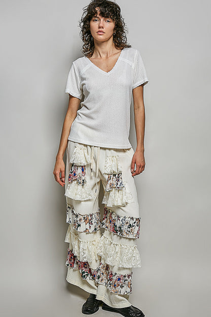 POL Lace Detail V-Neck Short Sleeve Textured T-Shirt