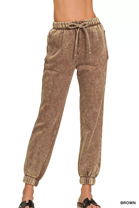 Zenana Acid Wash Fleece Sweatpants with Pockets