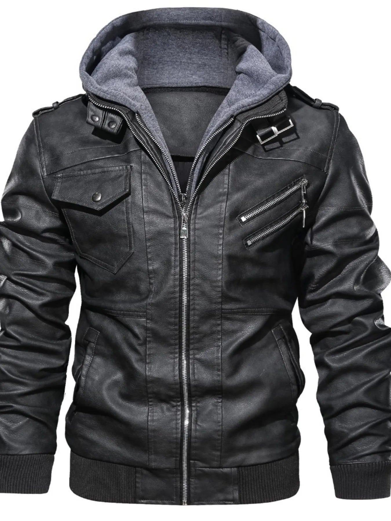 Men's Full Size Vintage Hooded Leather Jacket Plus Size