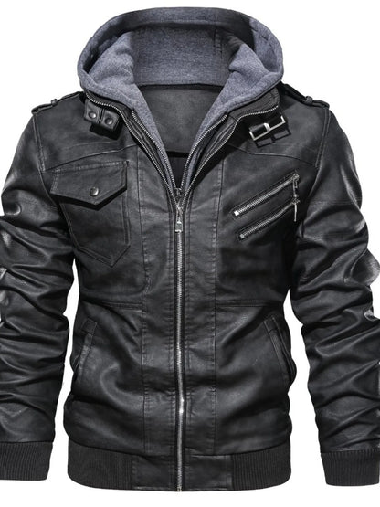 Men's Full Size Vintage Hooded Leather Jacket Plus Size