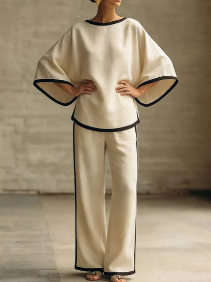 Full Size Contrast Trim Top and Wide-Leg Pants Set Plus Size