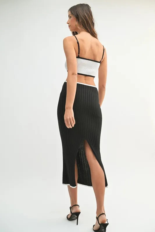 MABLE Ribbed Knit Color Block Cutout Midi Dress