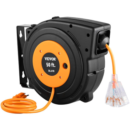 VEVOR 50ft Retractable Extension Cord Reel 14AWG 3CSJTOW Power Cord Reel
