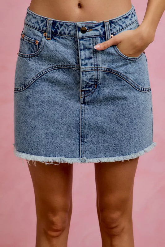 SO ME Washed Denim Floral Contrast Pockets Mini Skirt