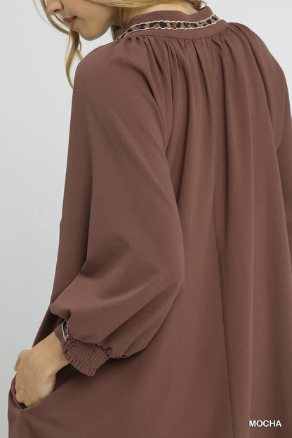 Umgee Notched Shift Dress with Trim Detail