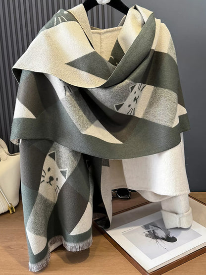 Cute Cat Pattern Plaid Raw Hem Scarf
