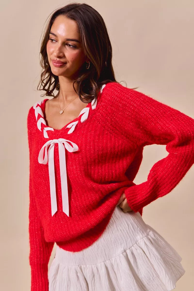 SO ME Satin Tape Braided Ribbon Tie V Neck Sweater