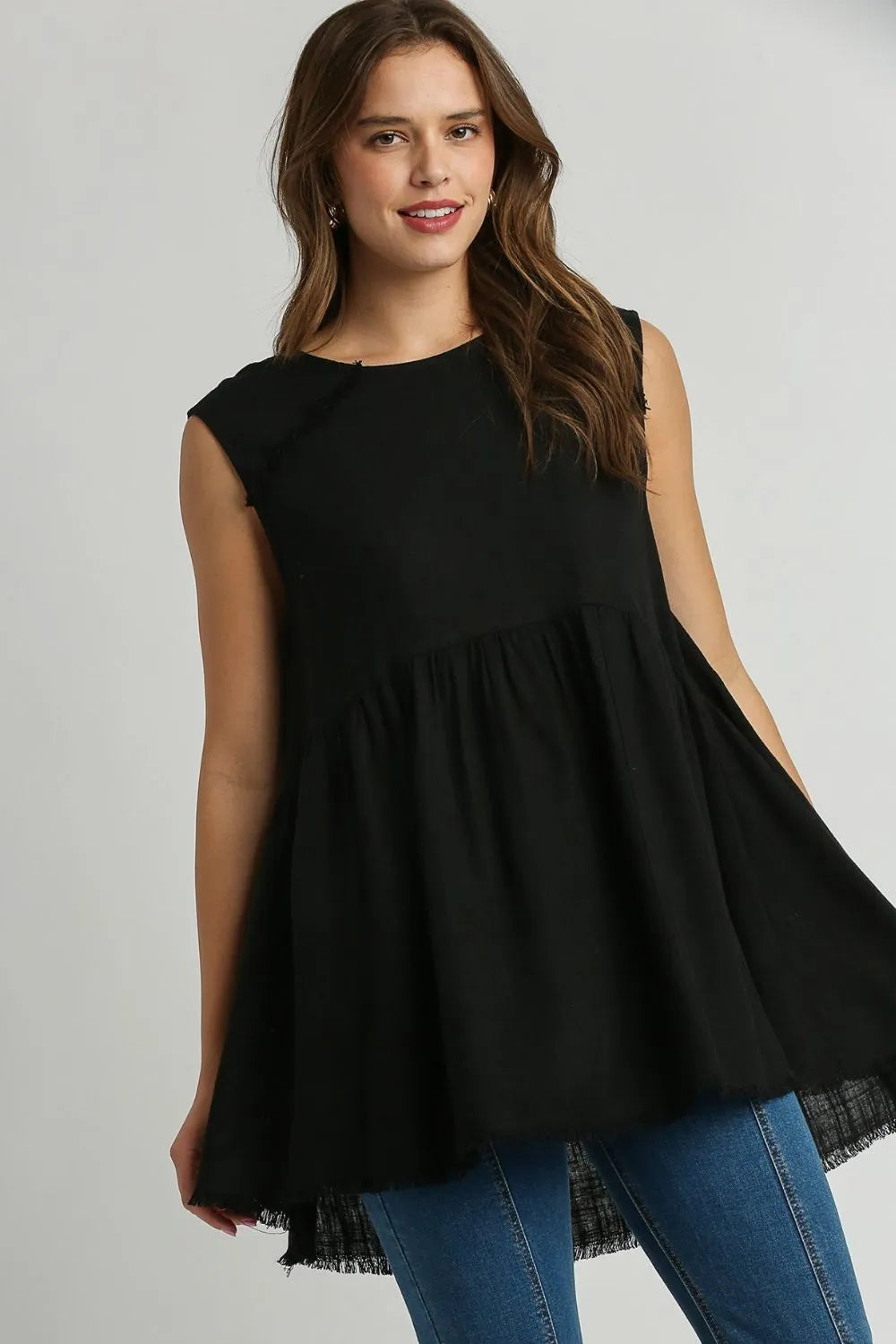 Umgee Full Size Raw Hem Linen Round Neck Sleeveless Top Plus Size