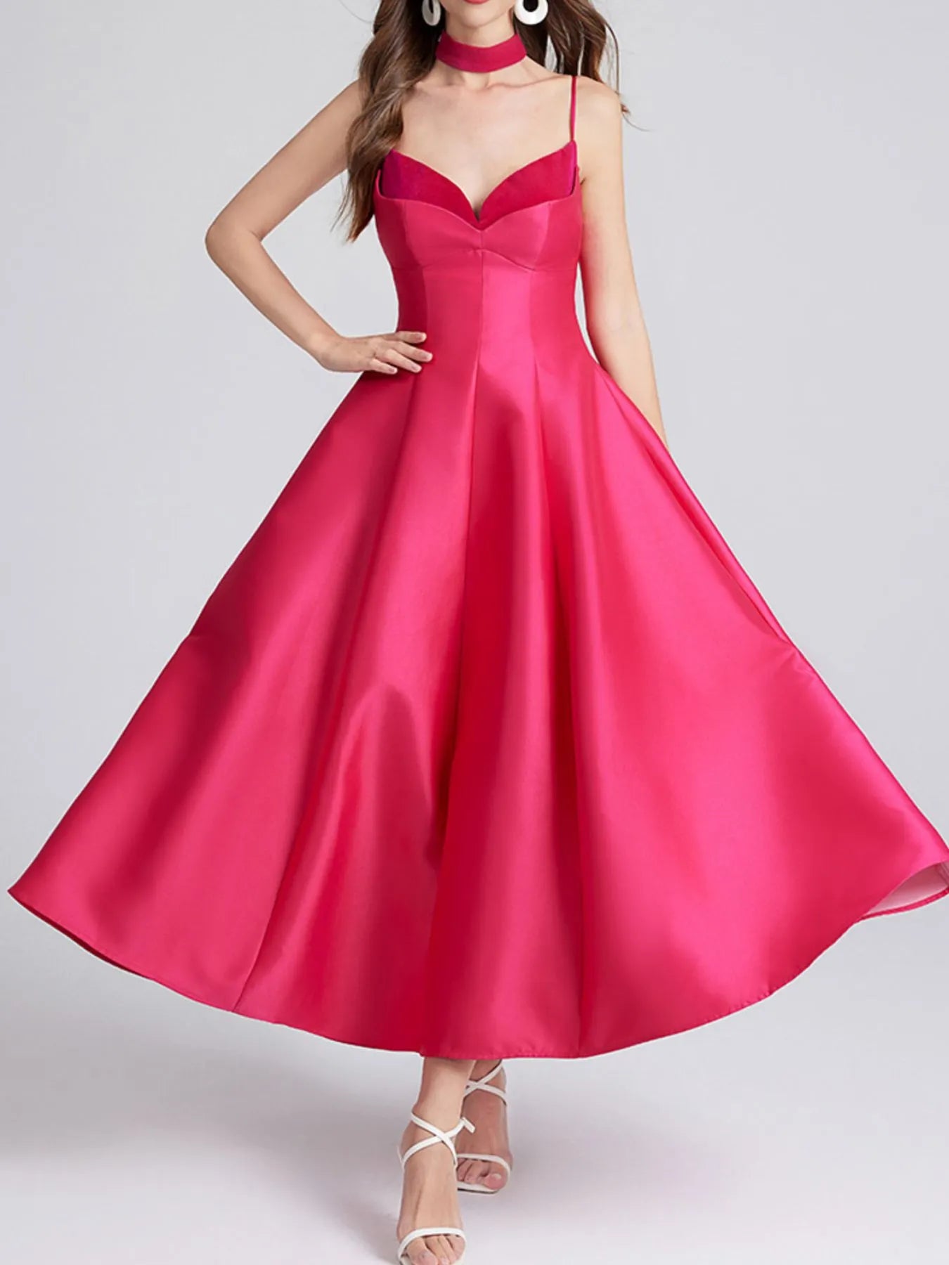 Sweetheart Spaghetti Strap Midi Dress with Collar