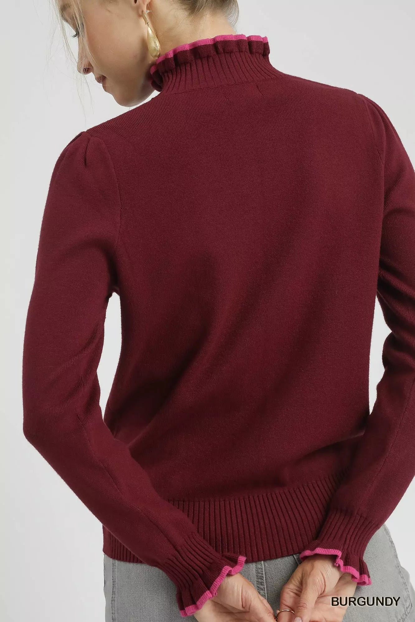 Umgee Ribbed Round Neck Sweater with Ruffle Contrast Trim