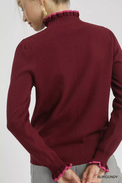 Umgee Ribbed Round Neck Sweater with Ruffle Contrast Trim