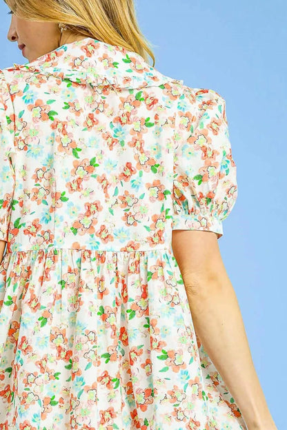 Umgee Floral Print Puff Sleeve Tie Front Mini Dress