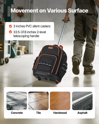 Rolling Tool Backpack, 110 Lbs Load Capacity, 45 Pockets Heavy Duty Roller Tool Bag On Wheels, Adjustable Telescoping Handle & Stable Base, Toolbag Organizers For Construction, Mechanic
