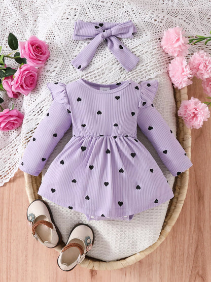 Children's Heart Print Ruffle Trim Bodysuit Dress with Headband