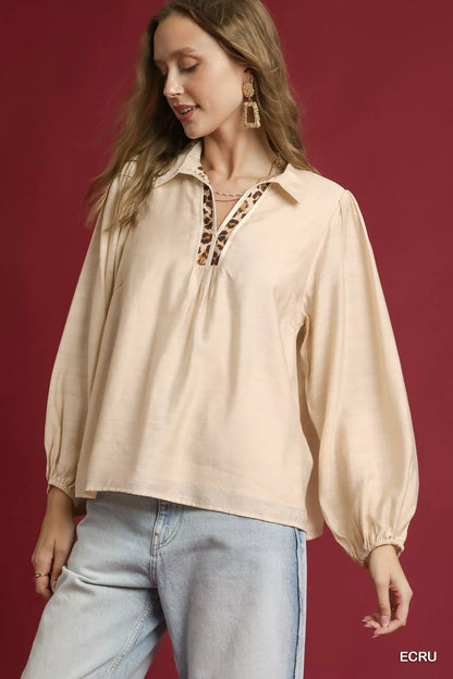 Umgee Long Sleeve Blouse with Leopard Print Trim