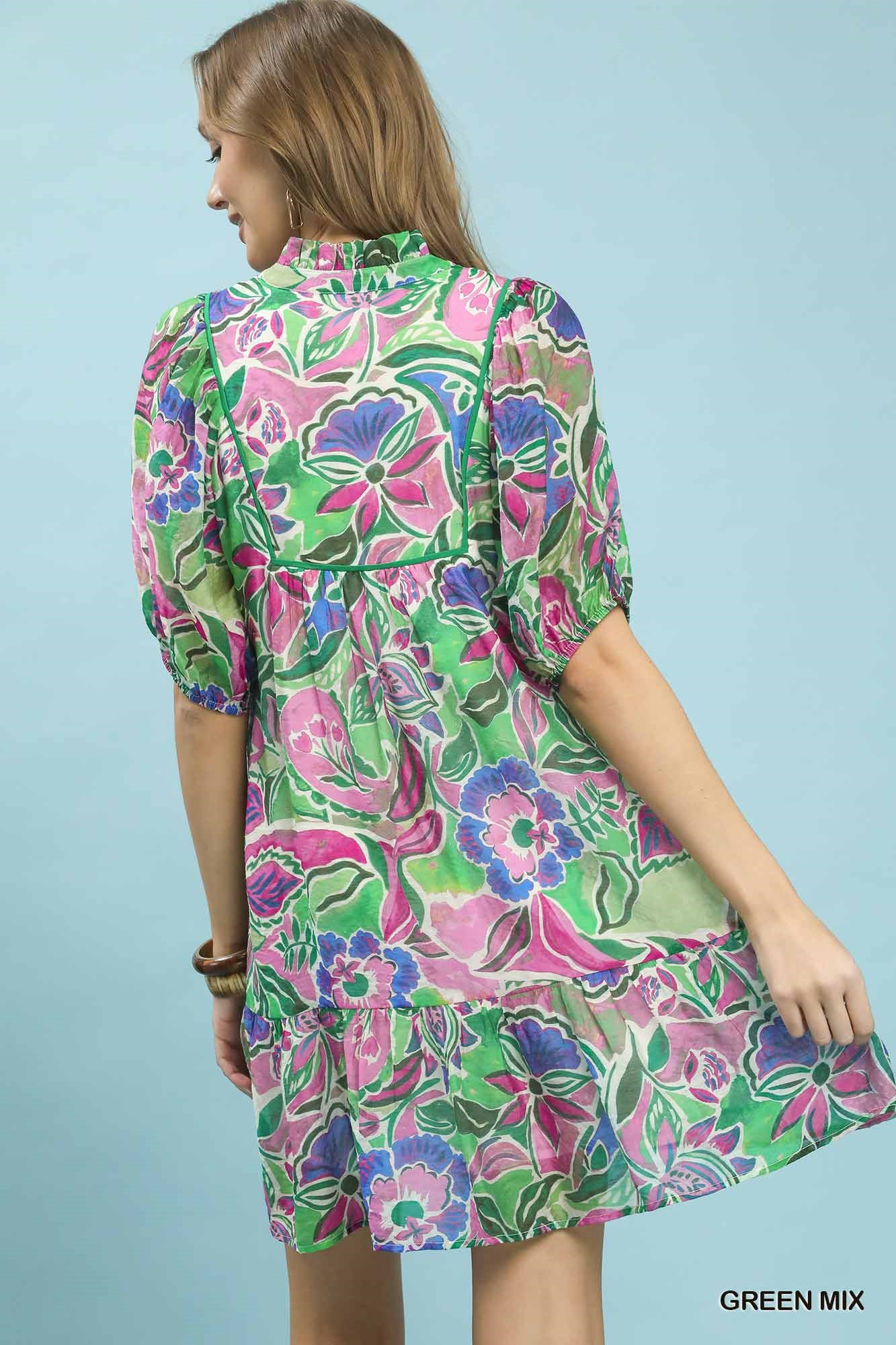 Umgee Abstract Print V-Neck Baby Doll Dress