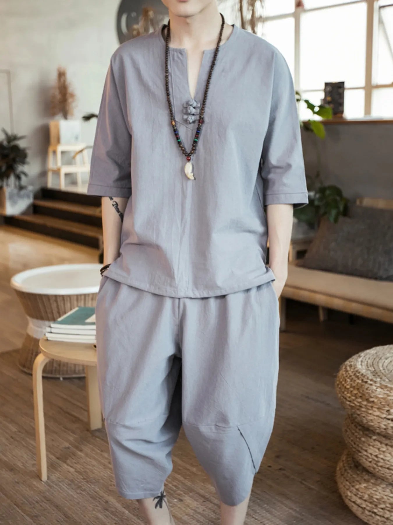 Men's Plus Size Notched Half Sleeve Top and Cropped Pants Set