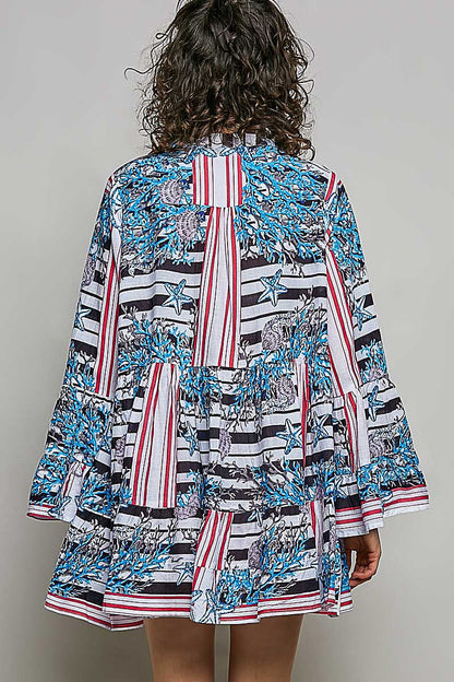 POL Striped Floral Long Sleeve Mini Dress with Pintuck Detail
