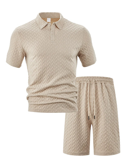 Men's Full Size Textured Polo Shirt and Shorts Set Plus Size
