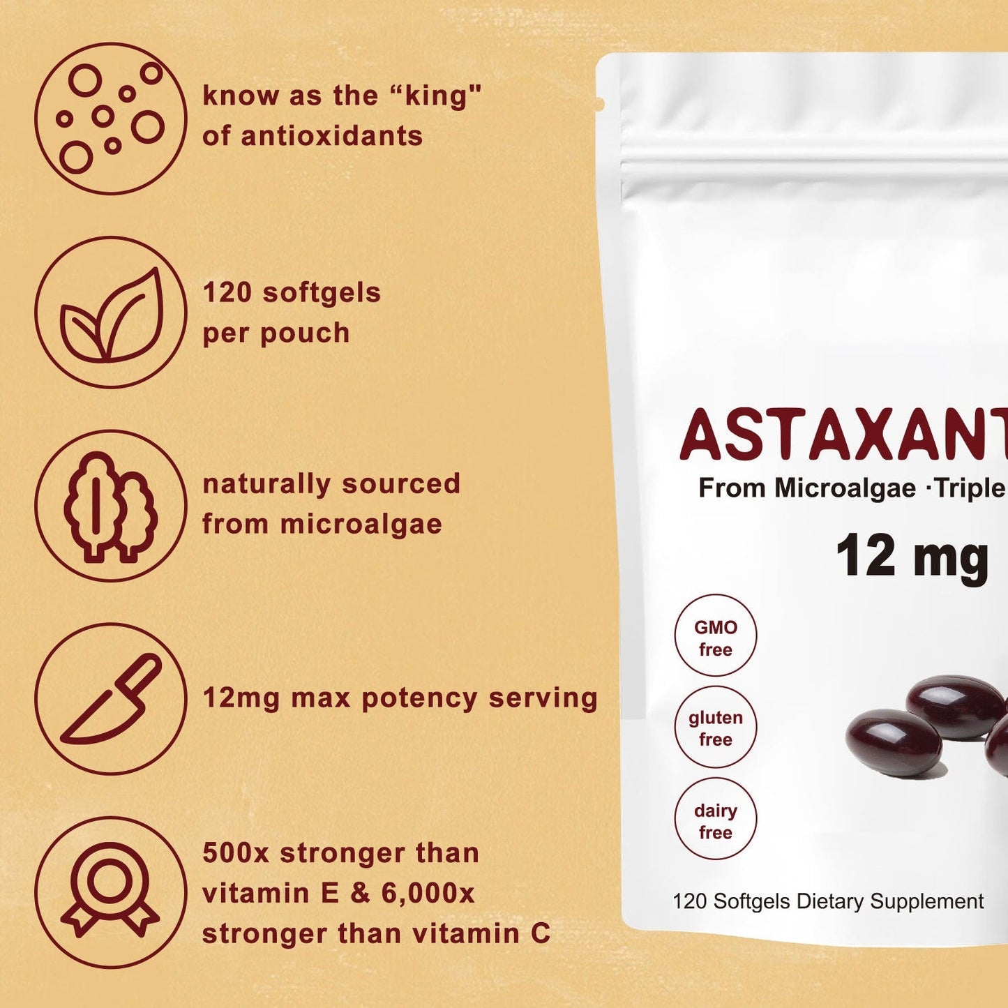 Astaxanthin 12mg Softgels - Triple Strength, From Microalgae, Antioxidant Support, Non-GMO, Gluten-Free & Dairy-Free, 120 Softgels