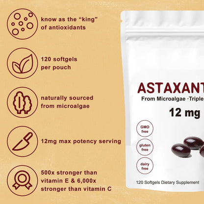 Astaxanthin 12mg Softgels - Triple Strength, From Microalgae, Antioxidant Support, Non-GMO, Gluten-Free & Dairy-Free, 120 Softgels