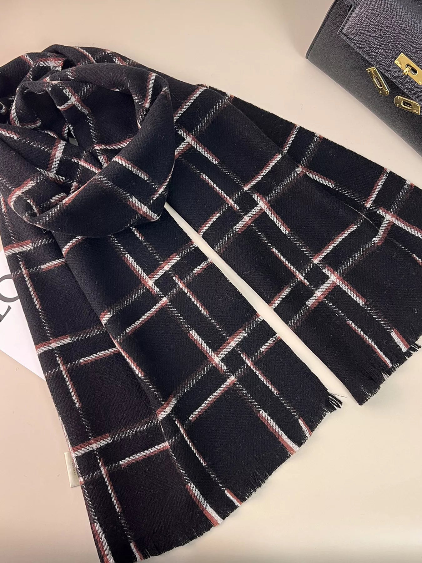 100% Wool Raw Hem Plaid Scarf