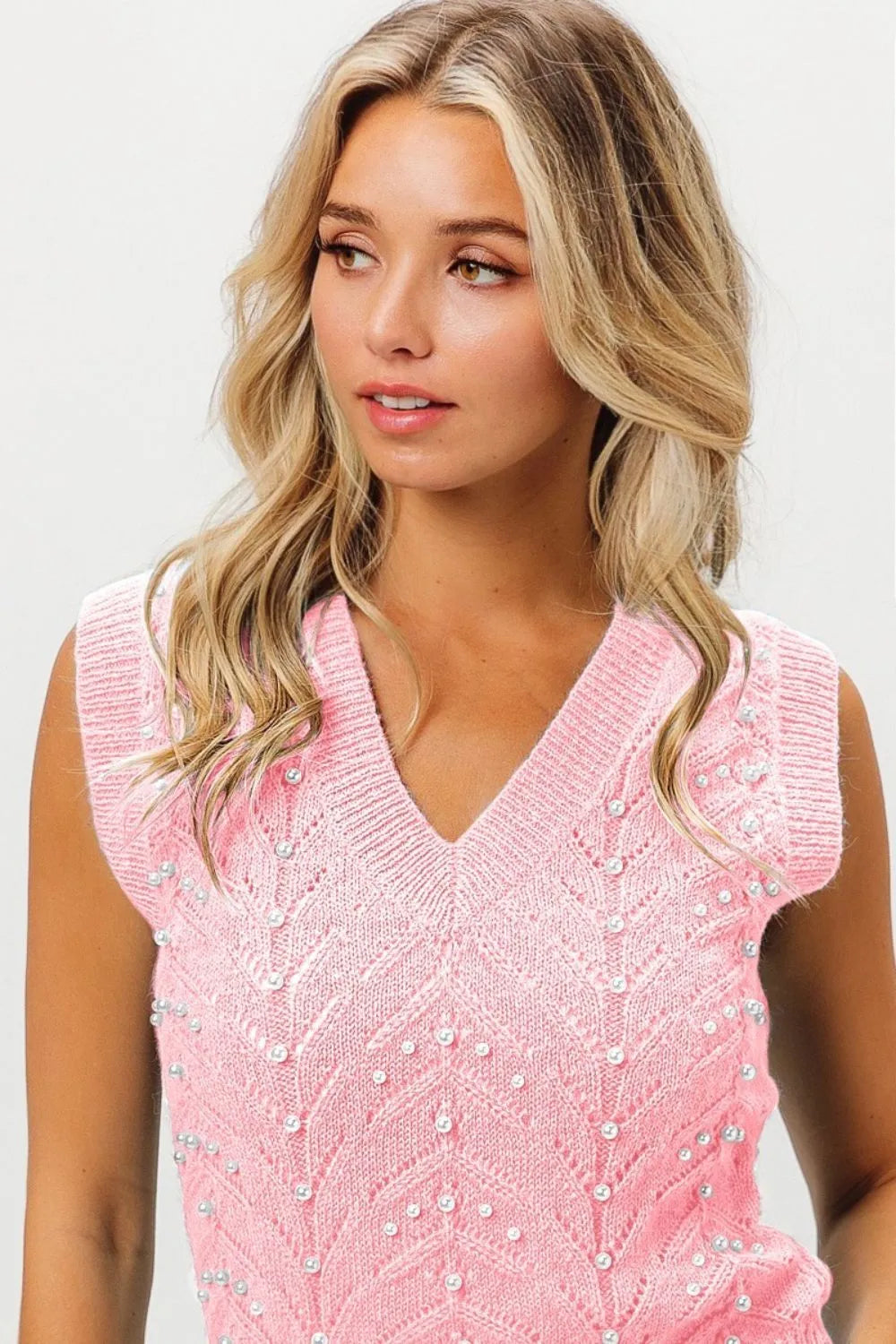 BiBi Chevron Pointelle Pearl Knit Top