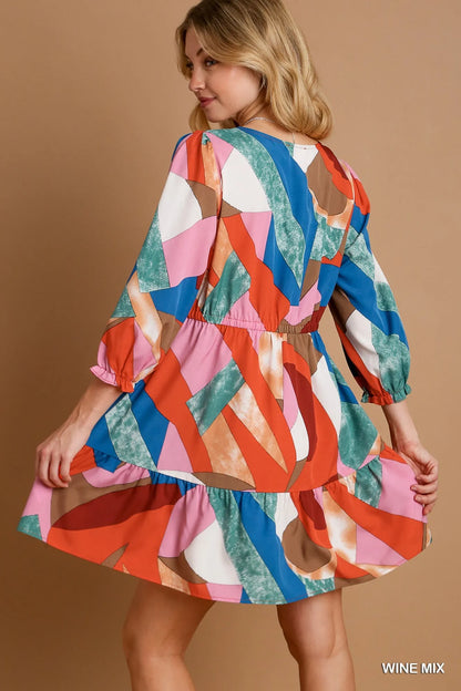 Umgee Abstract V-Neck Tiered Printed Dress
