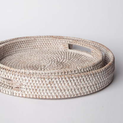 404 Round Rattan Tray — Decorative White Woven Tray for Coffee Table & Home